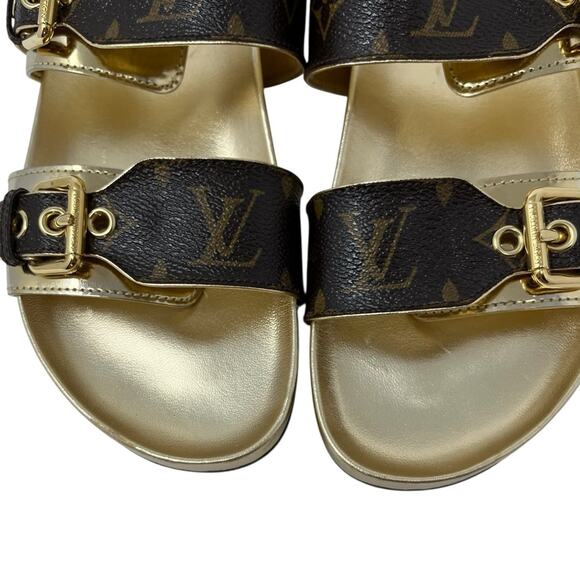 Louis Vuitton Brown Gold Buckle Bom Dia Monogram Flat Slide Sandals 37 Mule - Picture 4 of 8
